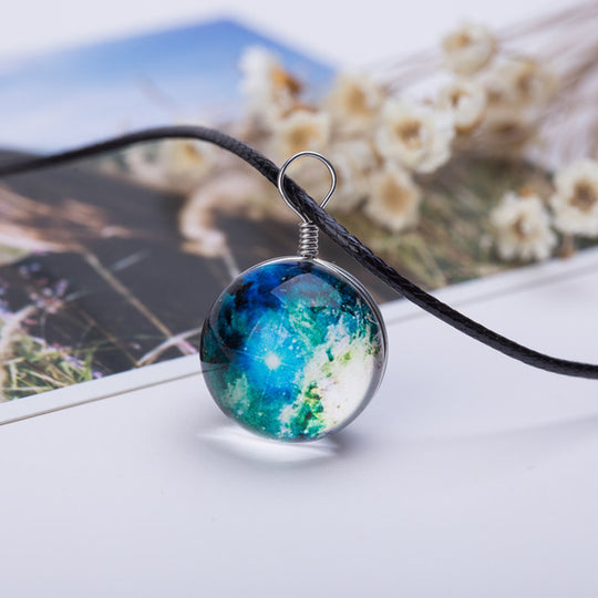 Collares Duplex Planet Crystal Stars Ball Glass Galaxy Pattern Leather Chain Pendants Maxi Necklace
