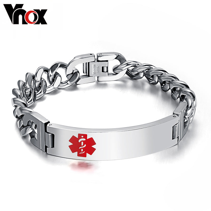 Vnox Customized Medical Remind Bracelet & Bangles ID Tag Engraved Name Stainless Steel Chain for Women / Men