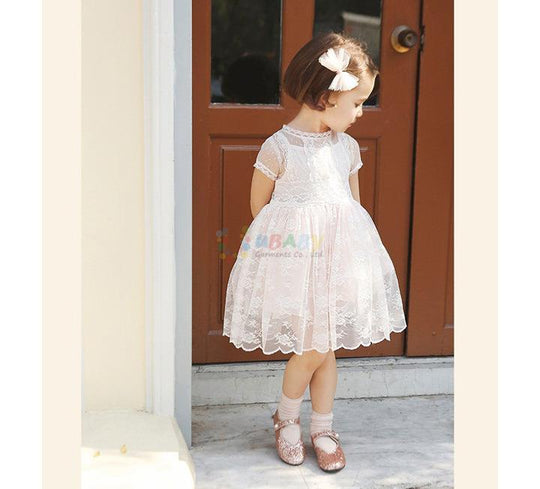 Girl's Short Sleeve Lace Children Clothing O-neck Solid Embellished Floral Lace Lolita Style Kids Dress