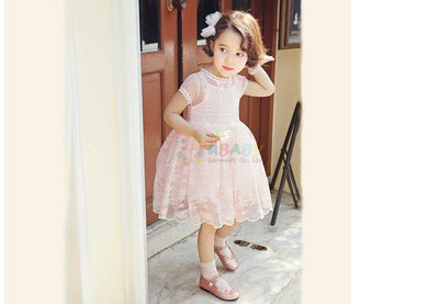 Girl's Short Sleeve Lace Children Clothing O-neck Solid Embellished Floral Lace Lolita Style Kids Dress