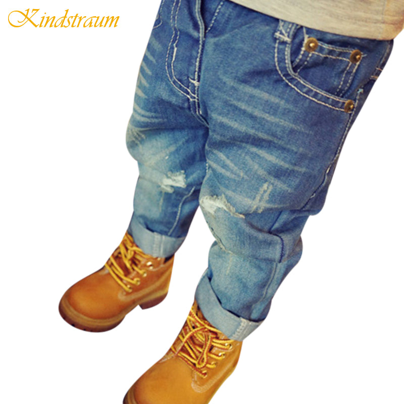 Kindstraum Baby Jeans Girls Boys Fashion Ripped Jeans 2 color Washed Casual Trousers Children Kids Cotton Denim Pants