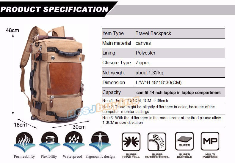 Large Capacity Stylish Canvas Travel Luggage Backpack