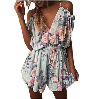 ELSVIOS Women Rompers   V Neck Spaghetti Strap Backless Loose Printing Jumpsuits Casual Summer Beach Playsuits Overalls