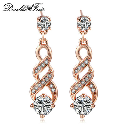 DoubleFair Four Claw 6mm Cubic Zirconia Drop/Dangle Wedding Earrings Rose Gold / Silver Color Jewelry For Women DFE544 DFE725