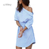 Summer One Shoulder Blue Striped Women Shirt Dresses   Side Split Elegant Puff Sleeve Waistband Beach Dress Plus Size