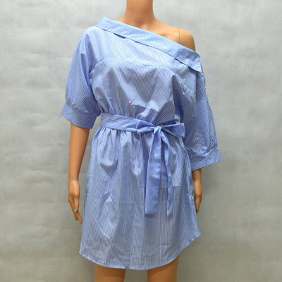 Summer One Shoulder Blue Striped Women Shirt Dresses   Side Split Elegant Puff Sleeve Waistband Beach Dress Plus Size