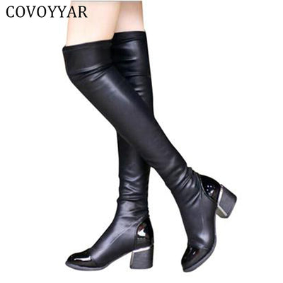 Fashion PU Leather Over Knee Boots Women Sequined Toe Elastic Stretch Thick Heel Thigh High Riding Boots Big Size 40 WBS156