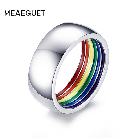 Meaeguet Inside Rainbow LGBT Ring For Men Stainless Steel Wedding Ring 8MM Wide Pride Jewelry