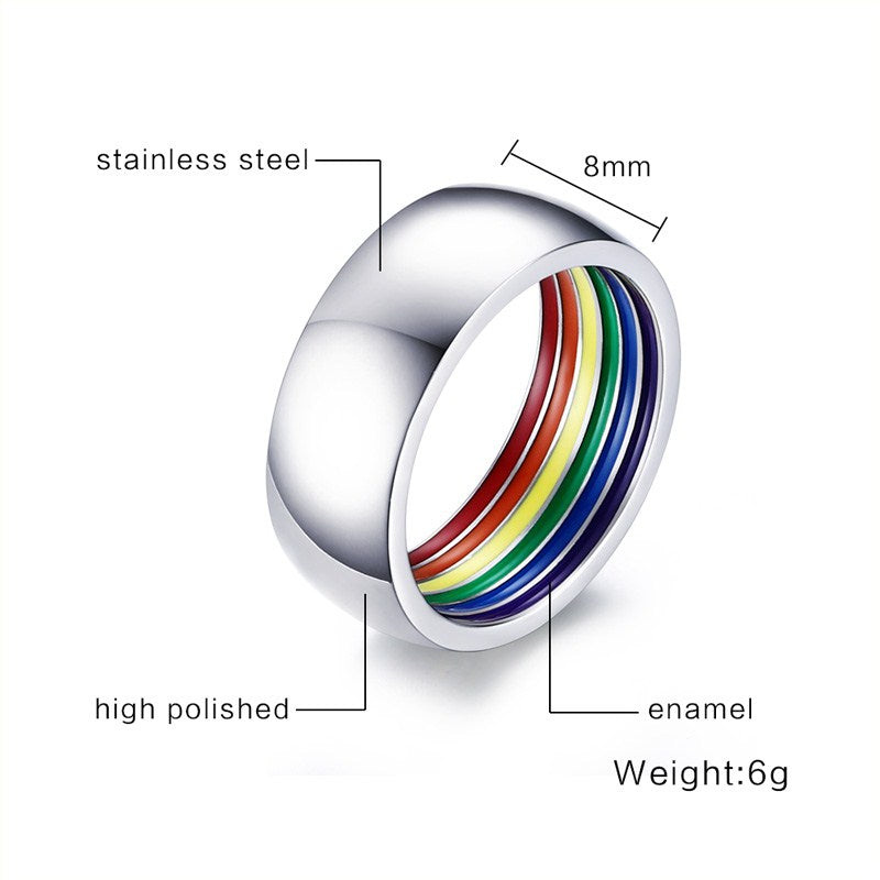 Meaeguet Inside Rainbow LGBT Ring For Men Stainless Steel Wedding Ring 8MM Wide Pride Jewelry