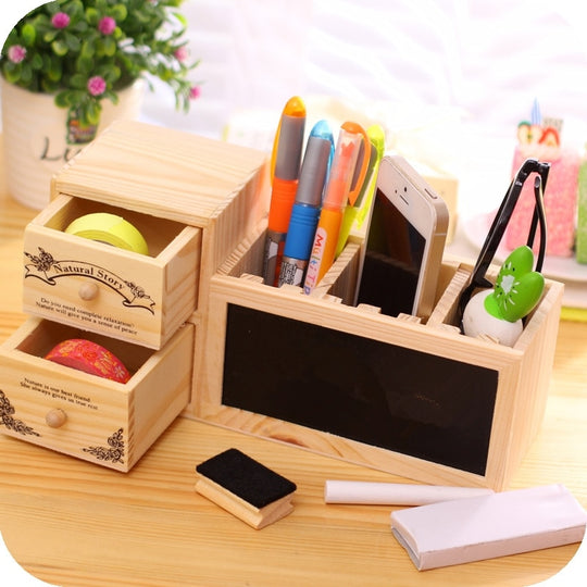 Wooden Desktop Pen Holder, Mini Chalkboard, Organizer