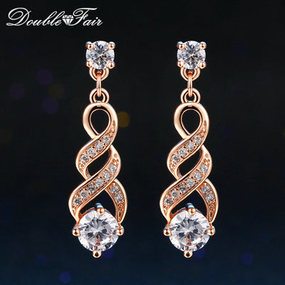 DoubleFair Four Claw 6mm Cubic Zirconia Drop/Dangle Wedding Earrings Rose Gold / Silver Color Jewelry For Women DFE544 DFE725