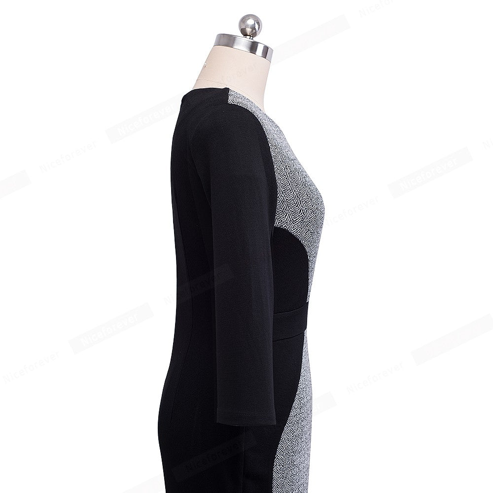 Nice-forever Women Retro Contrast Patchwork Wear to Work Business vestidos Office Bodycon Zipper Sheath Female Dress B409