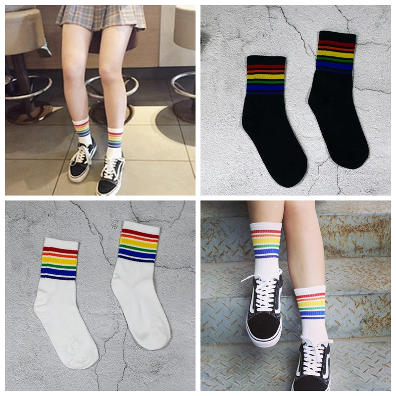 Cool Skateborad Short Rainbow Socks Art Women Fashion White Cotton