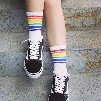 Cool Skateborad Short Rainbow Socks Art Women Fashion White Cotton