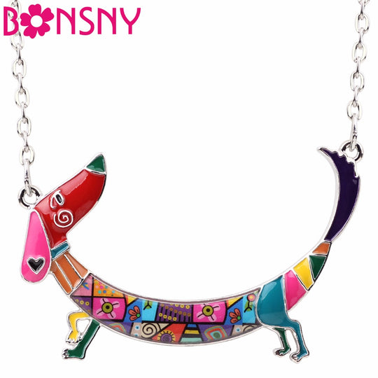 Bonsny Statement Maxi Metal Chain Enamel Pet Choker Dachshund Dog Necklace PendantCollar New Animal Jewelry For Women Girl