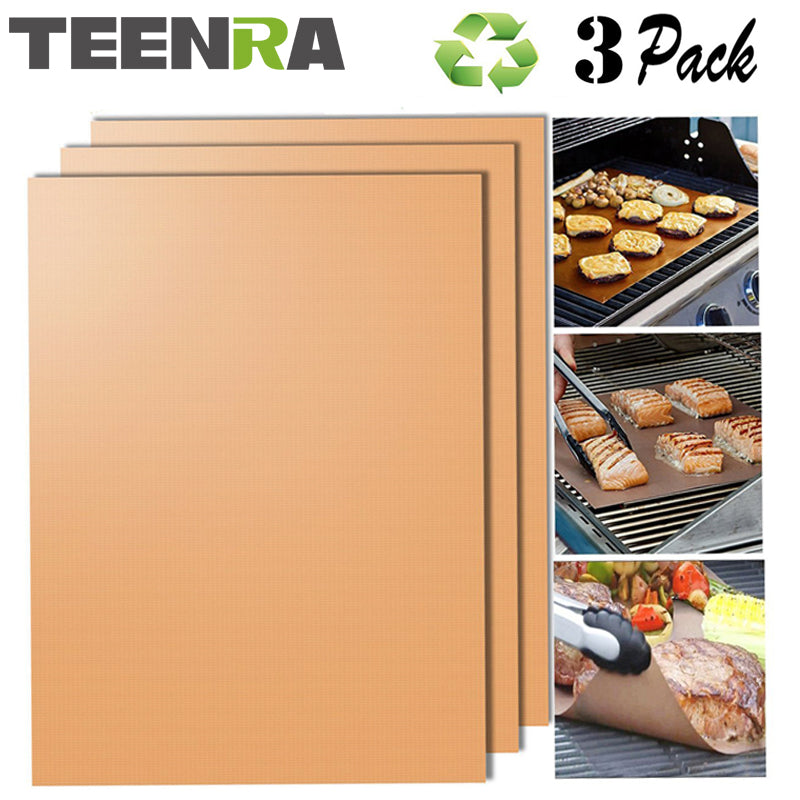 3 Pack: Gold Reusable Teflon BBQ Baking Grill Mat