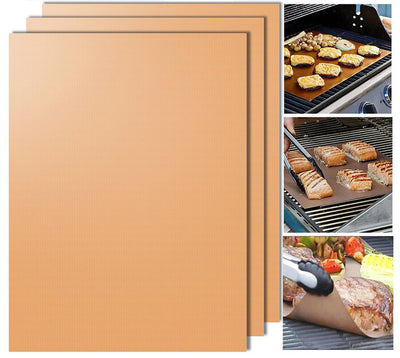 3 Pack: Gold Reusable Teflon BBQ Baking Grill Mat