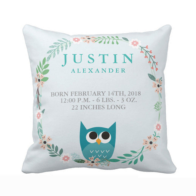 Personalized Woodland Forest Birth Stats Owl Nursery Throw Pillow Cover Soft Polyester Cotton Home Decorative Cushion Cover Sofa