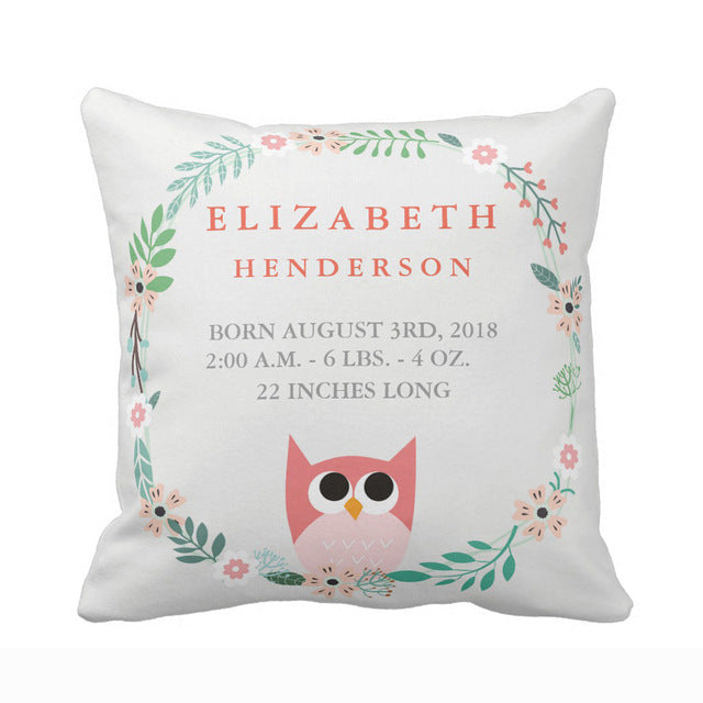Personalized Woodland Forest Birth Stats Owl Nursery Throw Pillow Cover Soft Polyester Cotton Home Decorative Cushion Cover Sofa