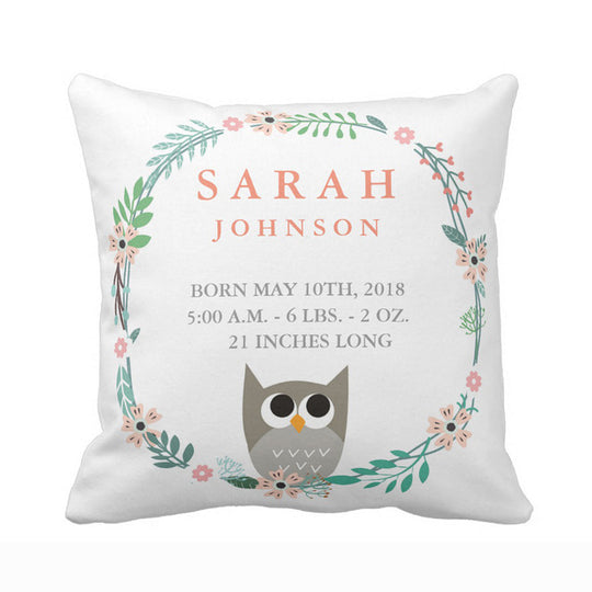 Personalized Woodland Forest Birth Stats Owl Nursery Throw Pillow Cover Soft Polyester Cotton Home Decorative Cushion Cover Sofa