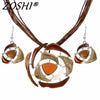 ZOSHI Fashion Crystal Jewelry Sets Leather Rope Chain Pendant Necklace Drop Earrings Wedding Bridal Jewelry Sets Women Boho Gift