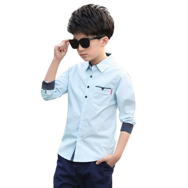 Boy's Cotton Long Sleeve Button Up Turn-Down Collar Shirt