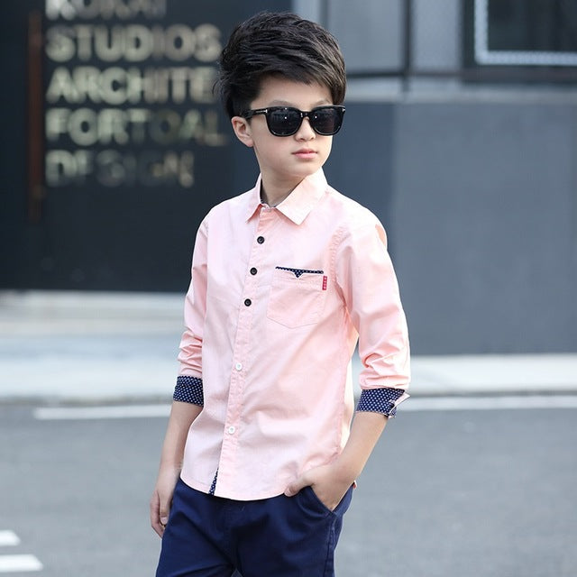 Boy's Cotton Long Sleeve Button Up Turn-Down Collar Shirt