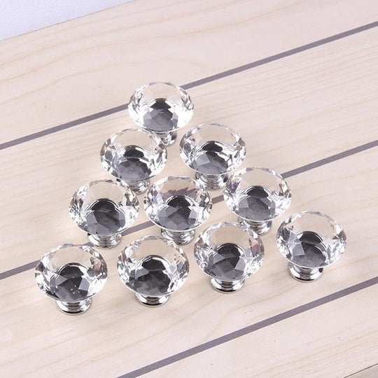 10 Pack: Diamond-Shape Crystal Glass Knob Cupboard Handle - 30mm