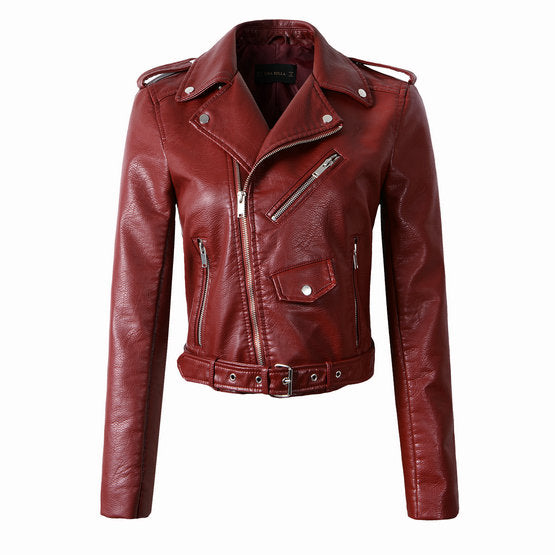 New Fashion Women Autunm Winter Wine Red Faux Leather Jackets Lady Bomber Motorcycle Cool Outerwear Coat with Belt