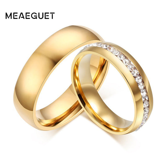 Meaeguet Gold color Stainless Steel Wedding Bands Shiny Crystal Ring for Female Male Jewelry 6mm Engagement Ring USA Size 5-13