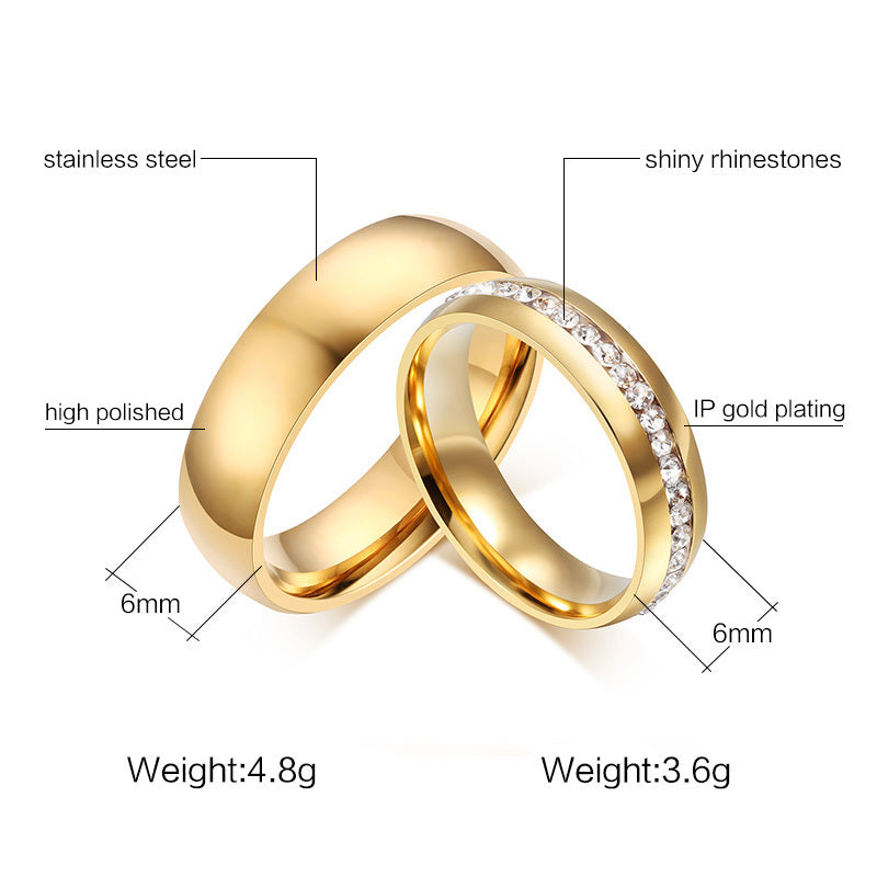 Meaeguet Gold color Stainless Steel Wedding Bands Shiny Crystal Ring for Female Male Jewelry 6mm Engagement Ring USA Size 5-13
