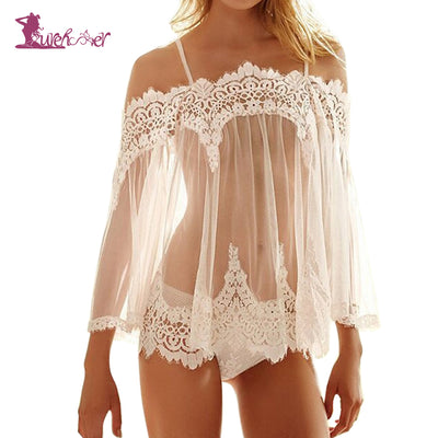 Lace   Lingerie Transparent Gauze Bare Shoulder   Costumes Embroidery Sleep Sling Dress +T-thongs