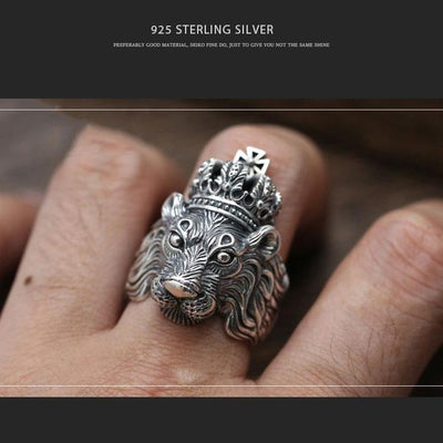 Men's Ring 925 Sterling Silver Crown Lion
