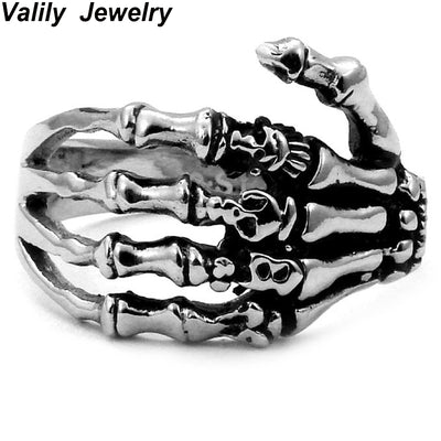 Valily Jewelry Men Ring black Vintage Punk Skeleton Rings Stainless steel Skull Hand Ring Finger Bone Rings for Women gift rings