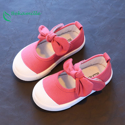 Bekamille Spring Children Canvas Casual Shoes Kids Lovely Bow Flat Heels Shoes Girls Princess Solid Color Sneakers