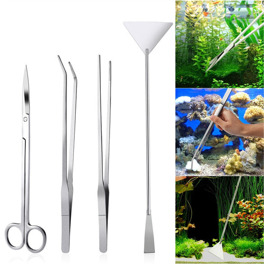 UEETEK 4PCS Stainless Steel Aquarium Tank Aquatic Plant Tweezers and Scissors Spatula Tool Set