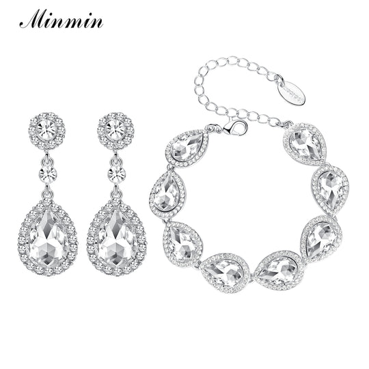 Minmin Silver Color Bridal Jewelry Sets Long Earrings with Bracelet for Women Wedding Accessories African Beads EH070+SL051