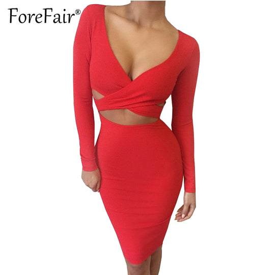 Forefair   Criss Cross Bodycon Dress Women Spring Long Sleeve Night Club Wear Bandage Party Dresses Black Red Blue Vestido