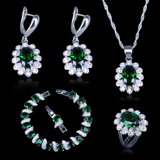 Dubai Style Green CZ White Austrian Crystal 925 Stamp Silver Color Jewelry Sets Earrings/Pendant/Necklace/Rings/Bracelets