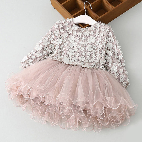 New Lace Flower Princess Dress Spring Girl Dress Winter Long Sleeve Three-Dimensional Petals Pompon Net Yarn Girls Clothes