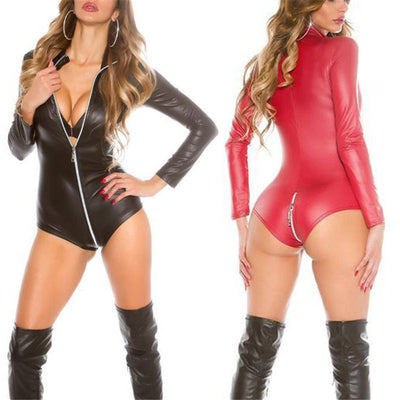 Black Leather Baby Doll   Lingerie Long Sleeve Pole Dance Latex Teddy Lingerie   Costumes Open Crotch   Underwear