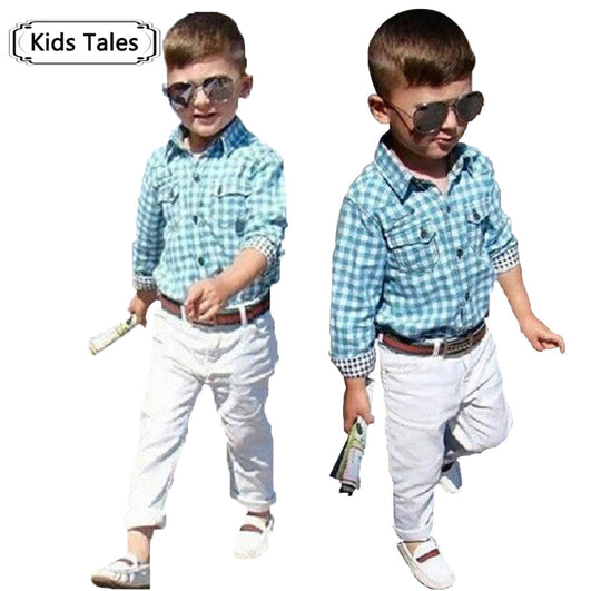 ST154 new fashion boys clothes set kids loose-fitting cotton plaid shirt+ pants+ belt 3 pcs minion kids clothing set retail