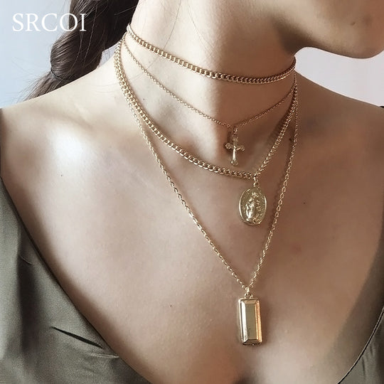 SRCOI Bohemia Gold Color Cross Layered Necklace Jesus Virgin Mary Chain Pendant Necklace Easter Day's Gift For Women Jewelry