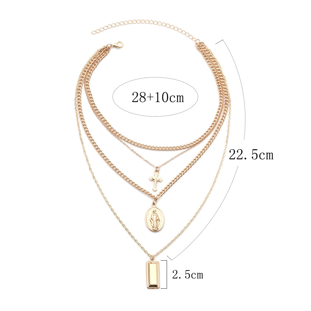 SRCOI Bohemia Gold Color Cross Layered Necklace Jesus Virgin Mary Chain Pendant Necklace Easter Day's Gift For Women Jewelry