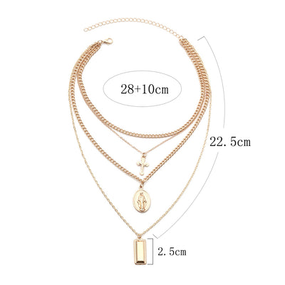 SRCOI Bohemia Gold Color Cross Layered Necklace Jesus Virgin Mary Chain Pendant Necklace Easter Day's Gift For Women Jewelry
