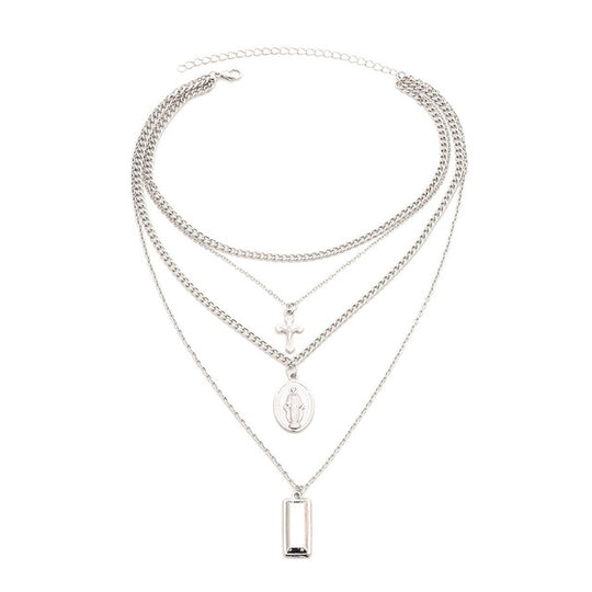 SRCOI Bohemia Gold Color Cross Layered Necklace Jesus Virgin Mary Chain Pendant Necklace Easter Day's Gift For Women Jewelry