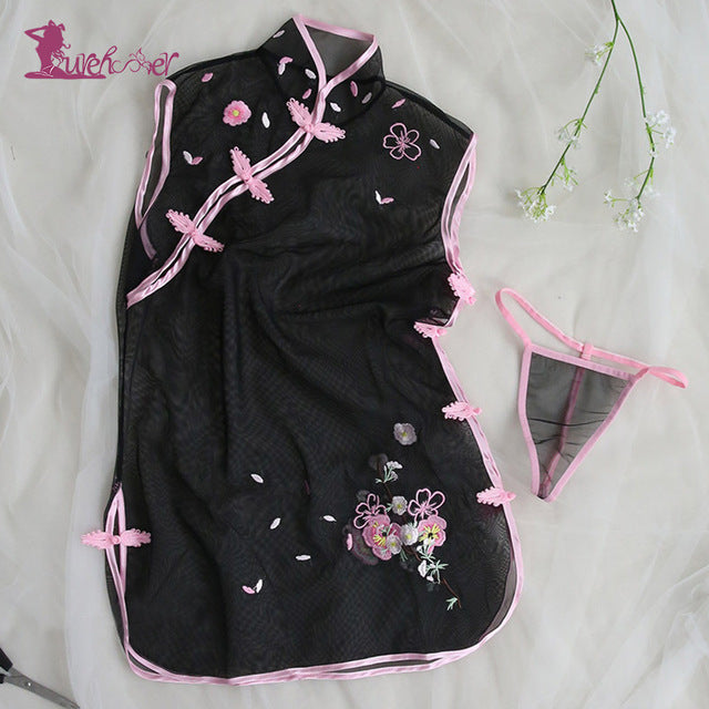 Lingerie Perspective Embroidery Cheongsam Uniform Temptation Pink Gauze   Underwear   Costumes