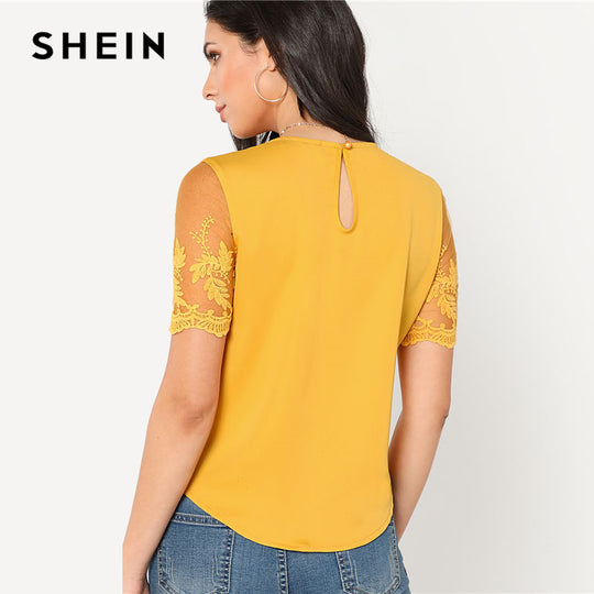 SHEIN Ginger Flower Mesh Sleeve Blouse Women Round Neck Short Sleeve Curved Hem Casual Top Summer Elegant Blouse