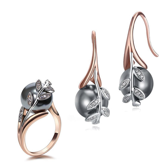 Rose Gold Grey Pearl Cubic Zirconia Ring & Earrings Set