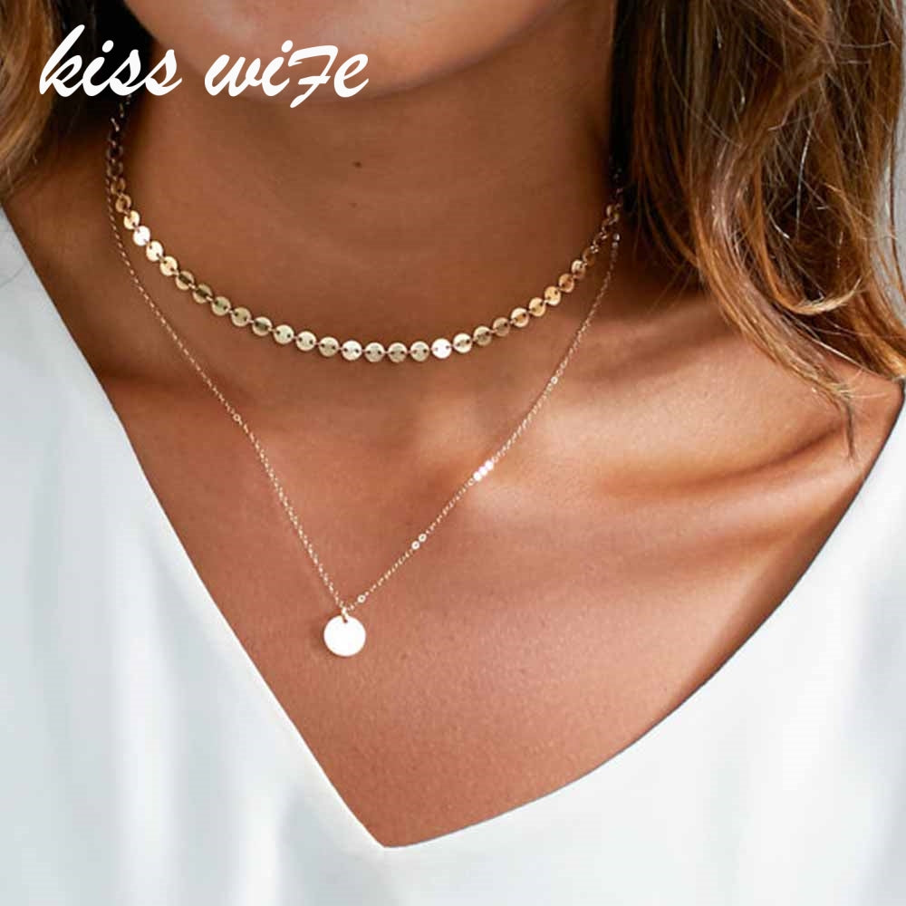 KISS WIFE New Fashion Gold Coin Layered Necklace Set For Women Charm Choker Necklace